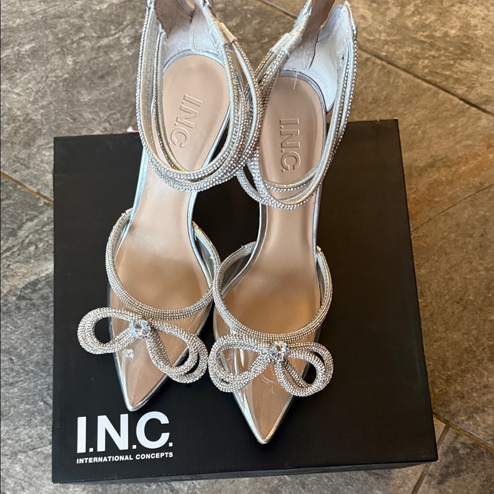 INC International Concepts Women's Metallic Silver Heels with Rhinestone Bow